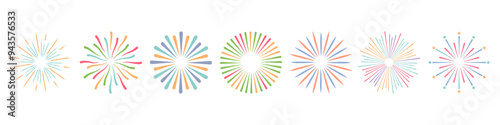Festival fireworks exploding and shining. Vector isolated set of flat icons of pyrotechnics. Confetti or festive decorative elements for cards, greeting invitations, banners or festival night