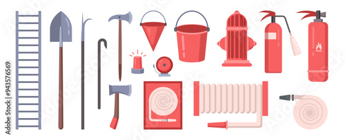 Fire fighting equipment of professional. Vector isolated set of hydrant and long hose, extinguisher and ladder, siren and alarm for buildings to call for firefighters. Buckets and axes for breaking in