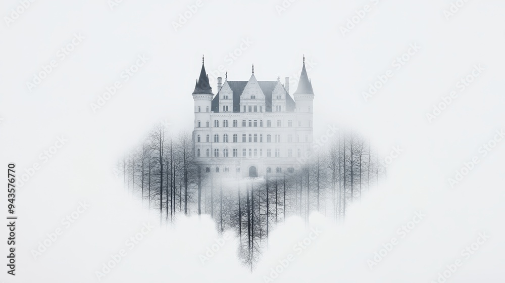 Obraz premium Double exposure of a winter castle and delicate frost patterns, creating a surreal blend of architecture and nature in a snowy fairytale setting