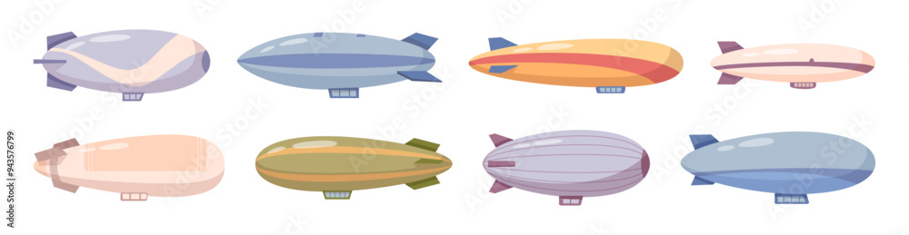 Traveling by air, isolated set of flat dirigibles with space for passengers. Vector flat vintage transportation display. Flight and development of airships, journey and retro designs of apparatus Traveling by air, isolated set of flat dirigibles with space for passengers. Vector flat vintage transportation display. Flight and development of airships, journey and retro designs of apparatus
