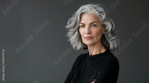 A confident older woman with gray hair poses against a neutral background, showcasing elegance and maturity.