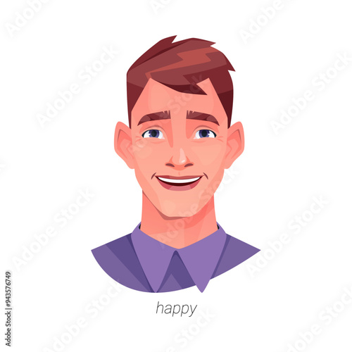 Happy facial expression of man. Vector isolated flat cartoon character with smile and raised brows. Joy and content emotion, emoticon or pleasant person showing gladness and happiness on face