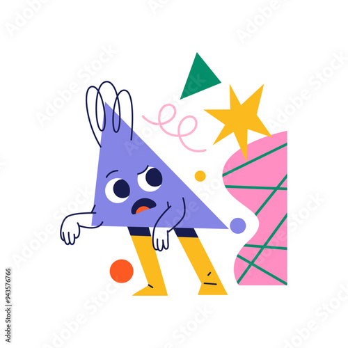 Triangle personage with legs and surprised or confused facial expression. Vector cartoon character, sticker or emoji. Geometric shape creature, figure for kids to learn geometry forms names