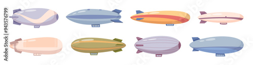 Traveling by air, isolated set of flat dirigibles with space for passengers. Vector flat vintage transportation display. Flight and development of airships, journey and retro designs of apparatus