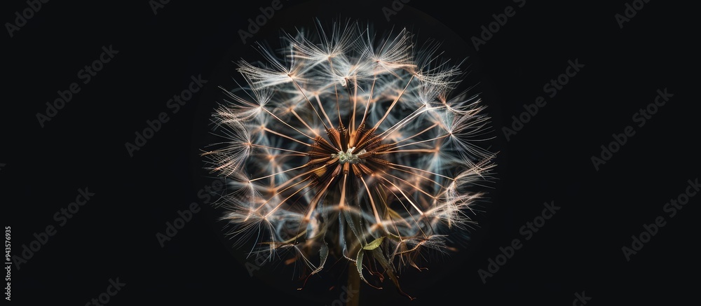 Obraz premium An abstract image resembling a dandelion flower against a black backdrop with ample copy space image