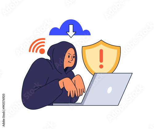 Breaking into protected cyberspace, flat cartoon vector illustration. Isolated hacker in hood trying to steal personal data and information of users with weak passwords and systems
