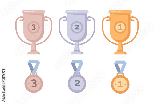 Achievement award set, isolated trophy collection. Vector golden, silver and bronze medals and champ cup. Champion awards and prizes for winners in sport, school, kids camp activities and competitions