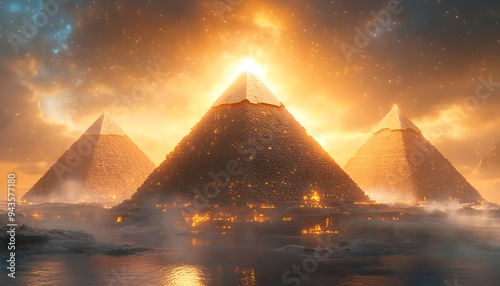 AI-crafted visualization of the Egyptian Pyramids emerging from the golden desert sands photo