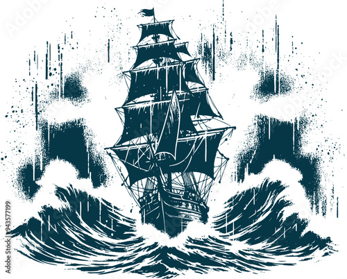 Graphic illustration of sailboat in stormy waves vector art