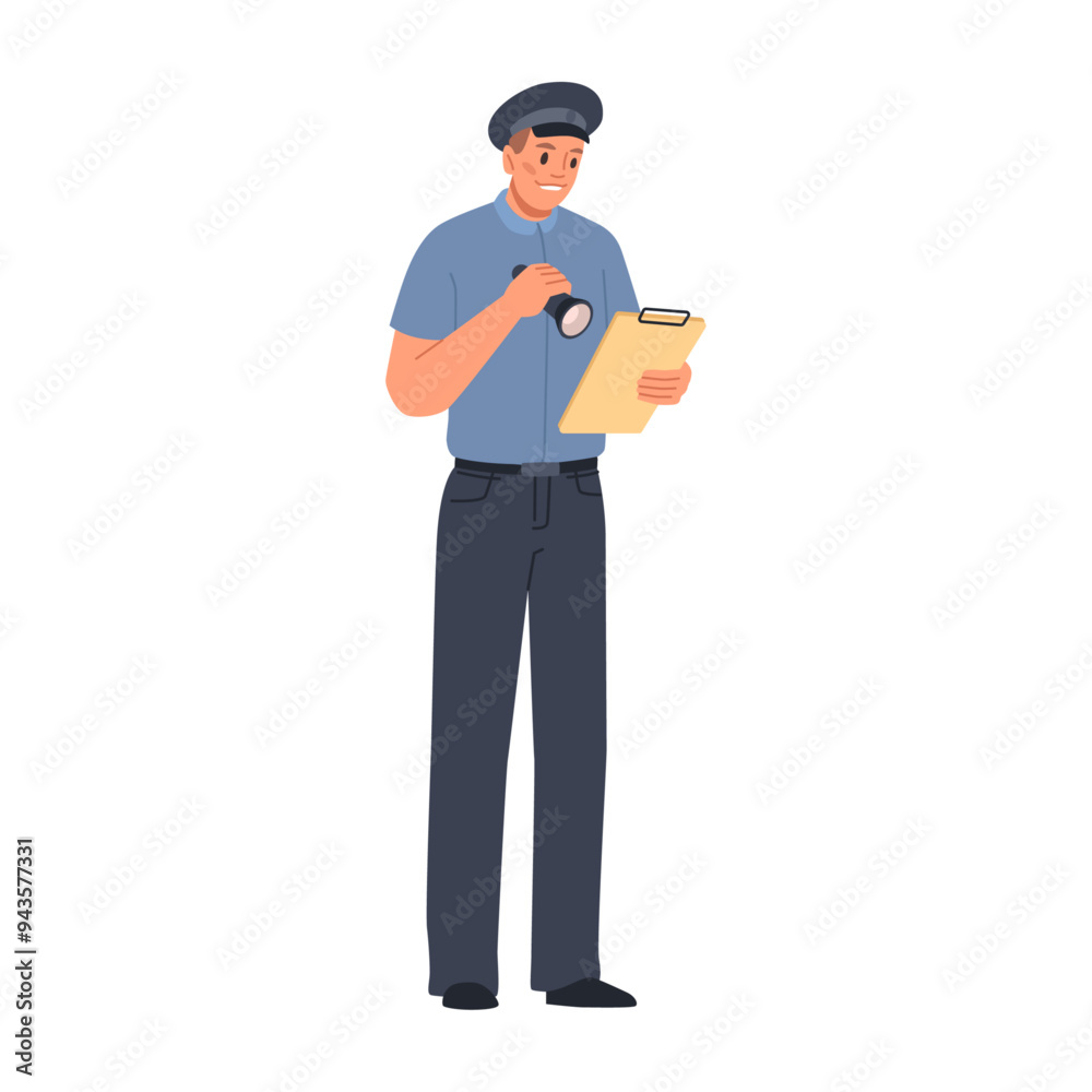 Road inspector or policeman reading documents under flashlight. Vector flat cartoon character working in law enforcement, guard or patrol controlling peace at streets at night, fighting crime Road inspector or policeman reading documents under flashlight. Vector flat cartoon character working in law enforcement, guard or patrol controlling peace at streets at night, fighting crime