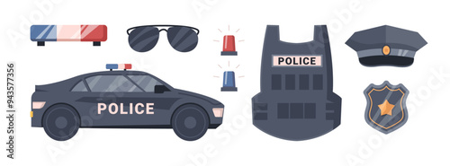 Set of elements for sheriff or officer work. Vector police man equipment collection. Isolated hat, patrol car and special flashers of emergency dept, cop badge and bulletproof vest
