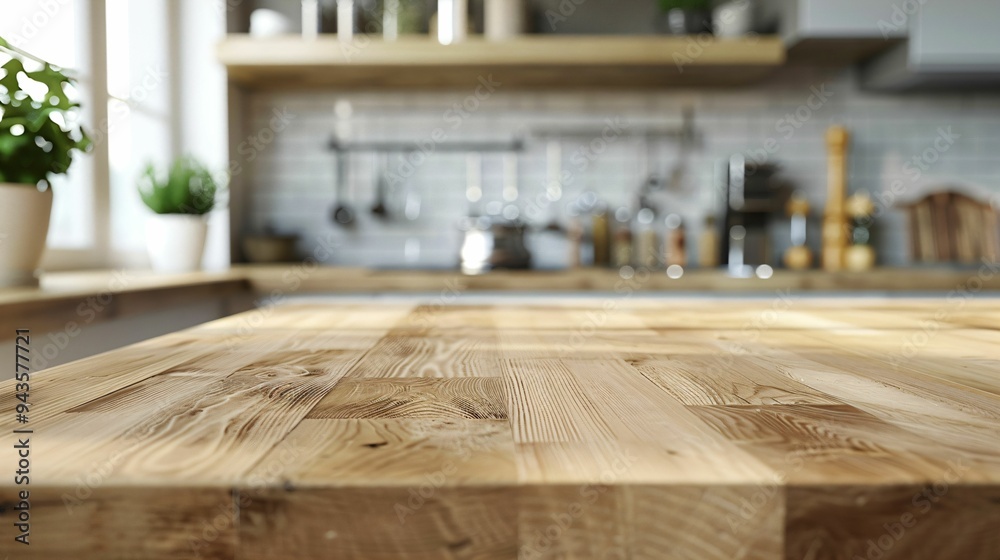 Plan de travail en bois, arrière plan cuisine flou, , pour intégration produits, ou décor graphique, style mockup Plan de travail en bois, arrière plan cuisine flou, , pour intégration produits, ou décor graphique, style mockup
