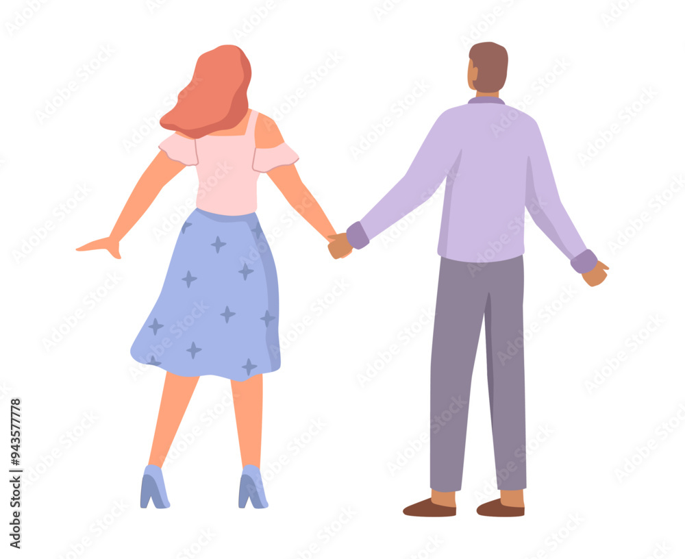 Couple back, boy and girl holding hands and walking. Vector flat cartoon character, isolated boyfriend and girlfriend on date strolling. Beloved man and woman expressing love and affection Couple back, boy and girl holding hands and walking. Vector flat cartoon character, isolated boyfriend and girlfriend on date strolling. Beloved man and woman expressing love and affection