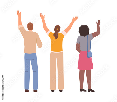 People standing and watching festive fireworks, back view. Vector isolated male and female cartoon characters waving hands. Happy man and women celebrating summer holidays or festival in town
