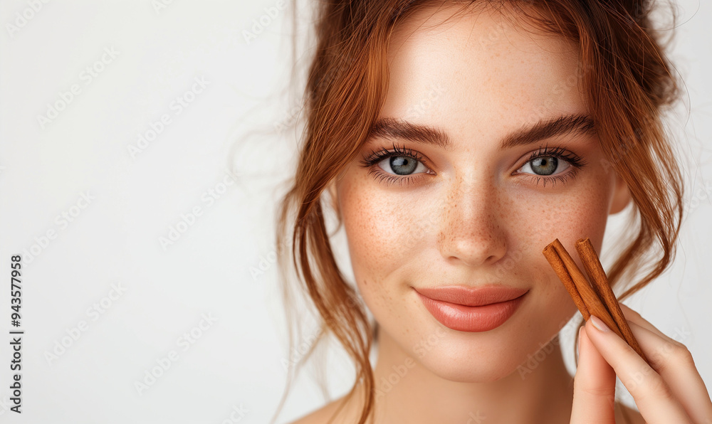 Young beautiful red-haired woman holding a cinnamon stick in her hands. Close-up. Young beautiful red-haired woman holding a cinnamon stick in her hands. Close-up.