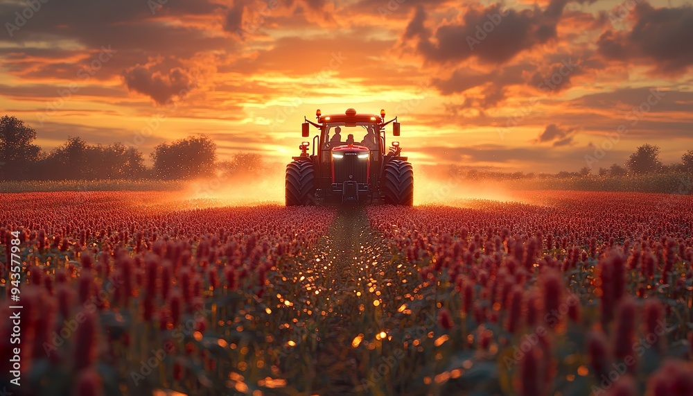 Fototapeta premium Vibrant scene of a tractor spraying pesticides across a thriving soybean farm, with sunlight casting long shadows and creating a cinematic atmosphere