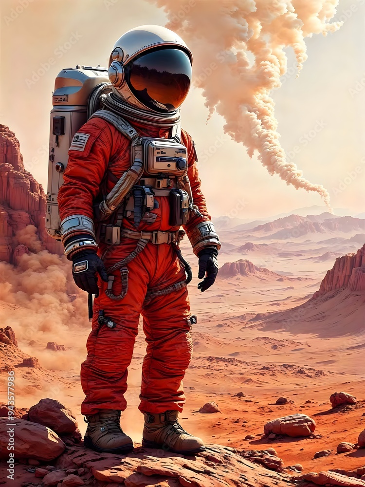 Astronaut Exploring Mars in Detailed Sci-Fi Artwork Astronaut Exploring Mars in Detailed Sci-Fi Artwork
