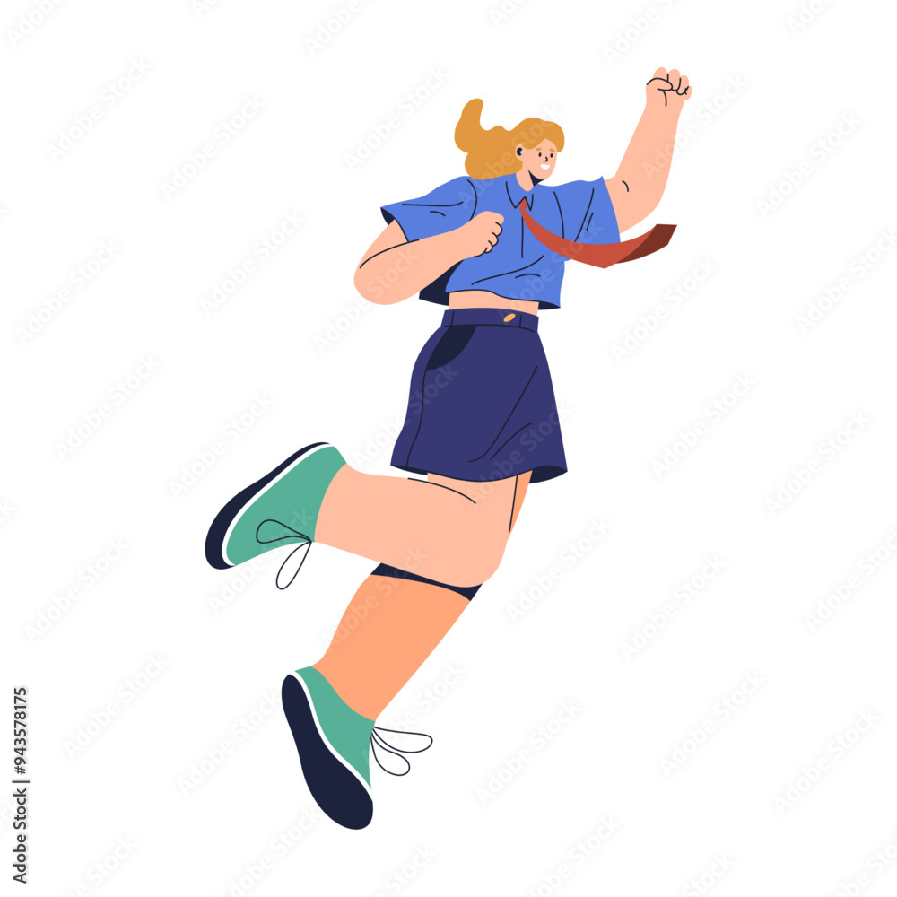 Cheerful businesswoman expressing happy emotions, flat cartoon vector illustration. Positive employee wearing formal clothes proud and content, joyful woman raising hands up in glad manner Cheerful businesswoman expressing happy emotions, flat cartoon vector illustration. Positive employee wearing formal clothes proud and content, joyful woman raising hands up in glad manner