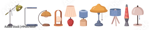 Classic style retro and modern table lamps with flexible arms and monolithic stand. Vector collection of desk light. Indoor electricity, creative furniture luminosity. Home decoration energy lantern