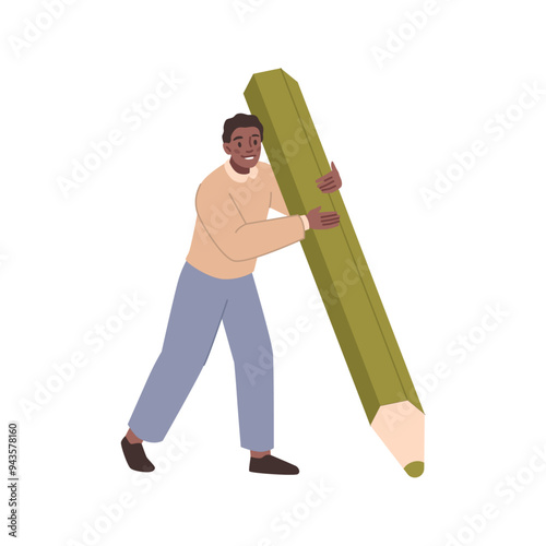 Man blogger or cartoon writer holding big pencil, vector character in flat style. Small person with big green pencil, journalist or interviewer, draftsman or author, screenwriter or copywriter