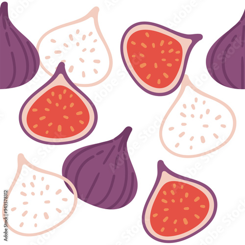 Seamless pattern Two fresh figs, one whole and one halved ripe fruit in purple skin. Healthy vitamin tropical food piece. Organic exotic eating. Flat vector illustration on white background