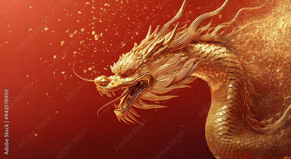 Red Background with a Majestic Golden Dragon, Illuminated by a Red Glow, Symbolizing Power, Prosperity, and the Essence of Chinese Mythology, Perfect for Illustrating Themes of Strength, Tradition, an Red Background with a Majestic Golden Dragon, Illuminated by a Red Glow, Symbolizing Power, Prosperity, and the Essence of Chinese Mythology, Perfect for Illustrating Themes of Strength, Tradition, an