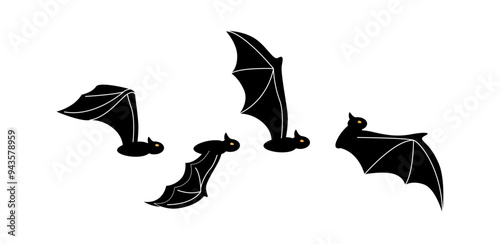 Scary flying bats profile views. Vector isolated set of Halloween personages for decorative cards or banners. Symbol of darkness and mystery. Mystical creature with long wings and fangs