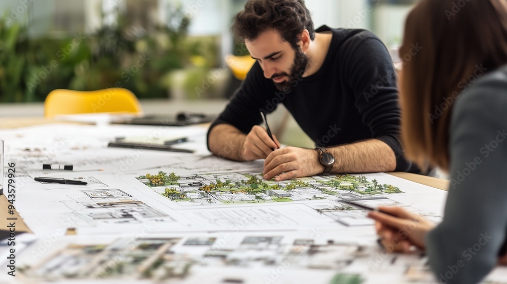 Fototapeta premium an architect draws a plan for a future residential complex