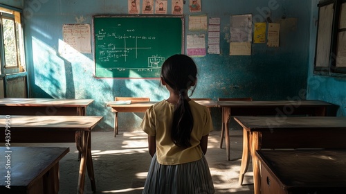 back view of indian girl looking at blackboard in school