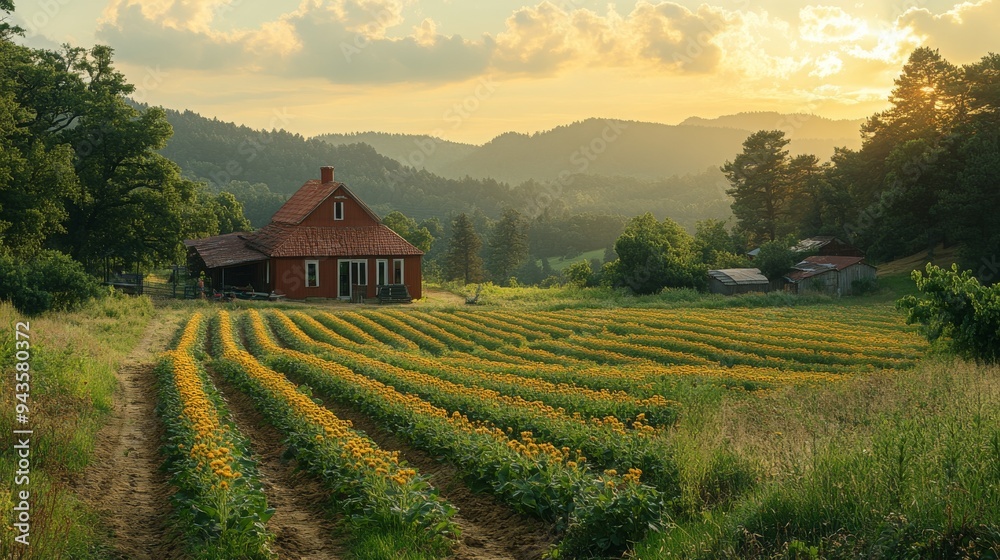 Sunflowers bloom in rows at a regenerative farm, with a cozy home set against a backdrop of mountains at sunset.