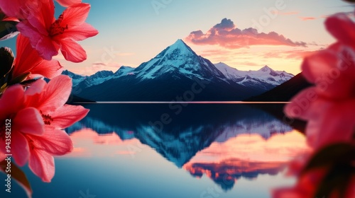 Scenic mountain landscape combined with a peaceful lake, lush greenery and vibrant flowers, double exposure, dreamlike and enchanting photo