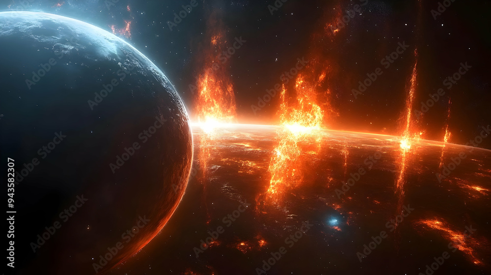 Obraz premium A fiery cosmic event with a planet in the foreground.