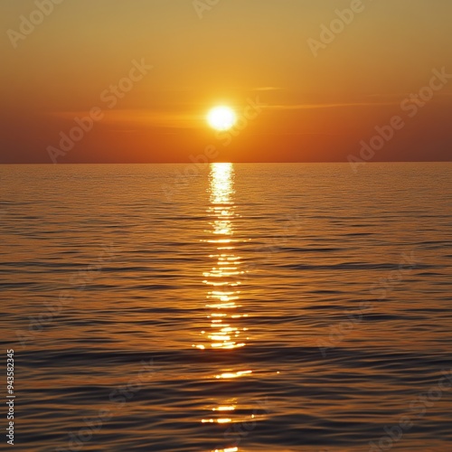 5. Golden sunset over a calm sea, clear weather, warm glow on the horizon