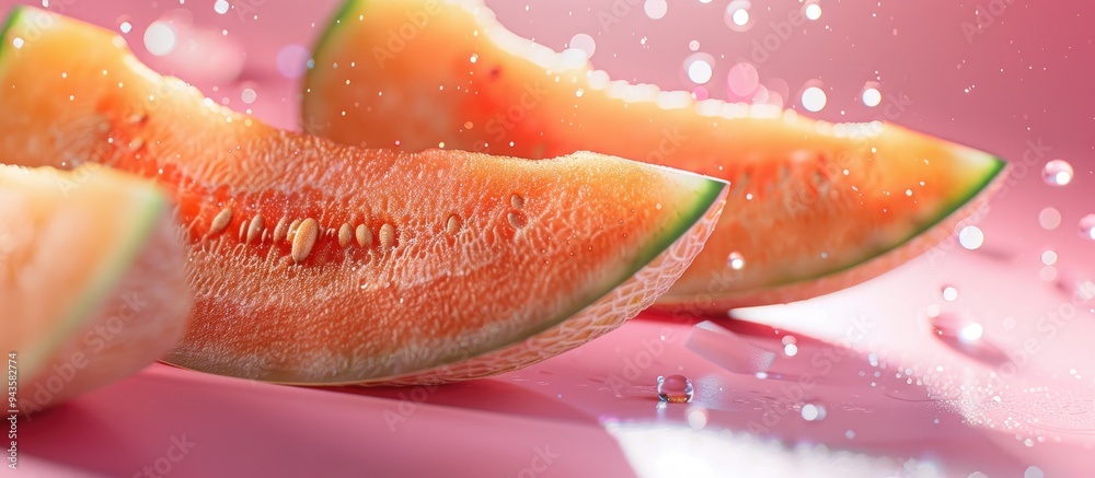 Sweet melon slices on a pink backdrop with copy space image Sweet melon slices on a pink backdrop with copy space image