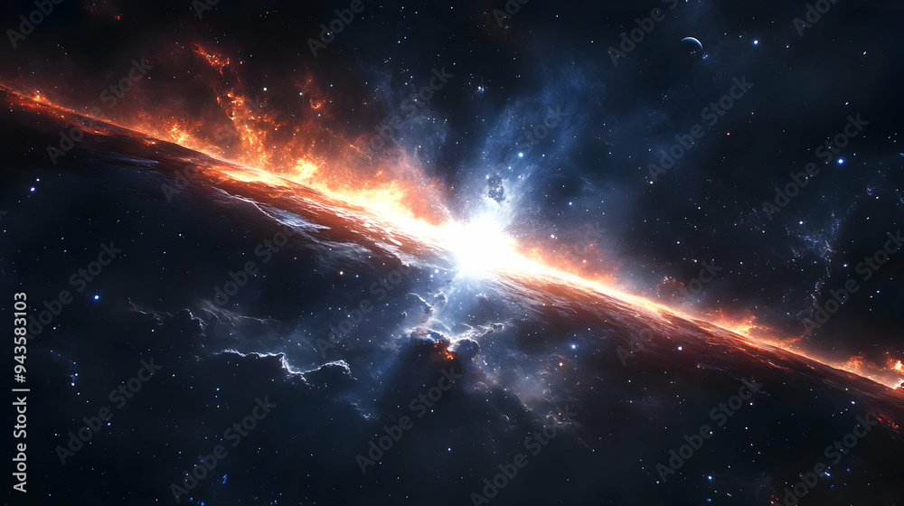 A fiery cosmic explosion in a dark starry sky. A fiery cosmic explosion in a dark starry sky.