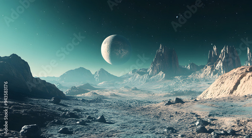 A Beautiful Fantasy Alien Planet Landscape with Majestic Mountains and Breathtaking Sky, Capturing the Essence of Otherworldly Beauty and Imagination, Perfect for Illustrating Themes of Science Fictio photo