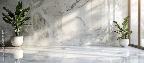 Obraz na płótnie Interior decor with white marble flooring provides a sophisticated backdrop for merchandise display against a studio backdrop wall with light and shadows ideal for a copy space image w salonie
