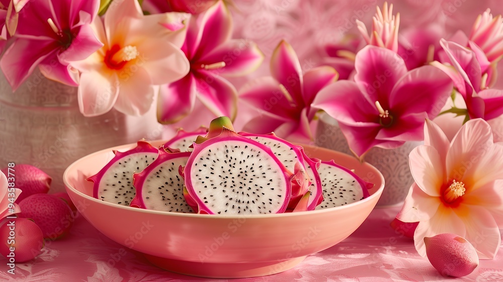 Sliced Dragon Fruit in a Pink Floral Setting Sliced Dragon Fruit in a Pink Floral Setting
