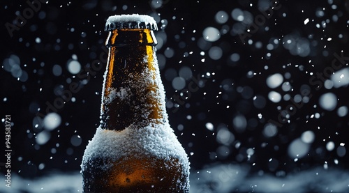 Chilled Beer Bottle with Condensation and Falling Snowflakes photo