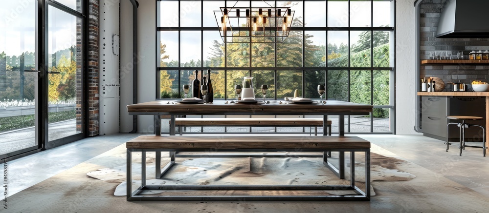 Enhance your dining space with a stylish table set featuring the sturdy charm of metal frames and wooden surfaces ideal for a modern look with a copy space image Enhance your dining space with a stylish table set featuring the sturdy charm of metal frames and wooden surfaces ideal for a modern look with a copy space image