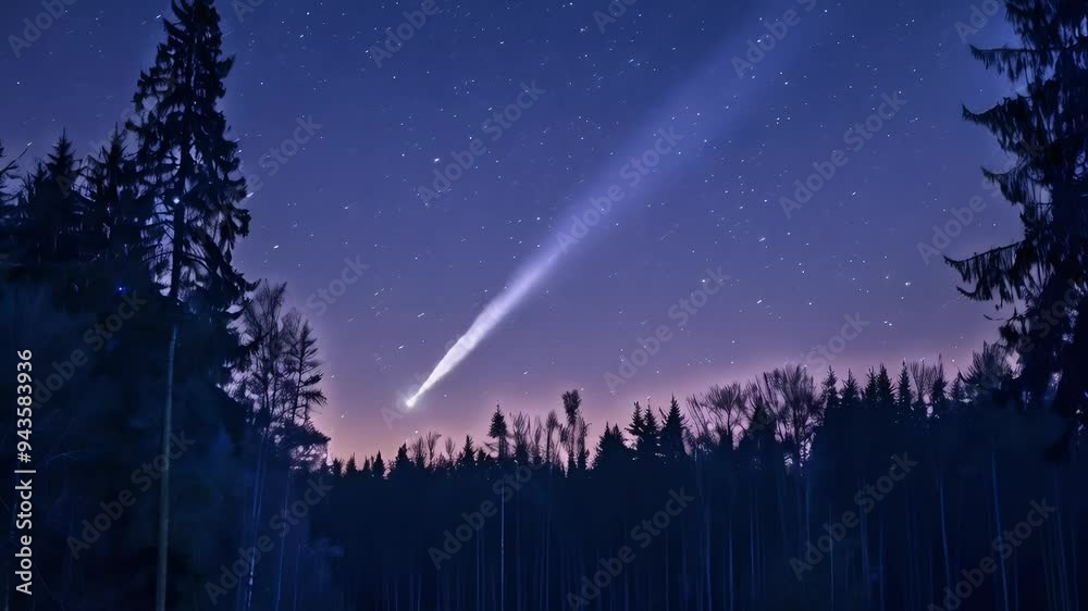 A comet streaks across a starry night sky above a forest silhouette. A comet streaks across a starry night sky above a forest silhouette.