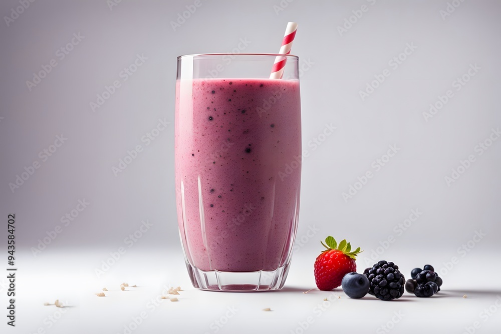 A refreshing glass of berry smoothie with visible fruit pieces and a straw on a white background, Ai Generated A refreshing glass of berry smoothie with visible fruit pieces and a straw on a white background, Ai Generated