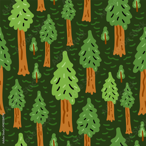 Bright forest funny cartoon vector seamless pattern. Nature cheerful children trees background. For children textiles, hand-drawn for babies. Northern forest