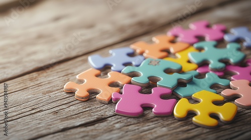 Colorful Puzzle Pieces on Wooden Background.