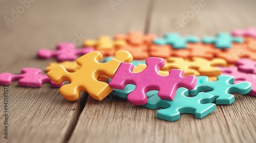 Colorful Puzzle Pieces on Wooden Background.