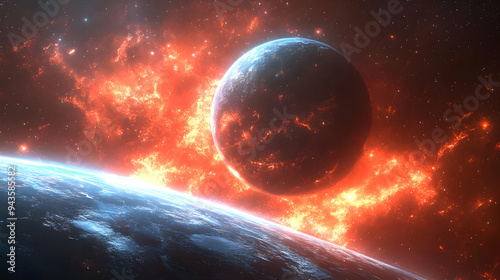 A fiery explosion behind a planet. photo