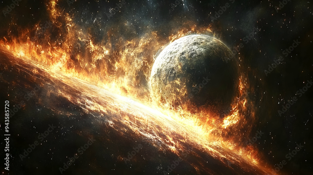 Obraz premium A fiery explosion engulfing a planet in space.