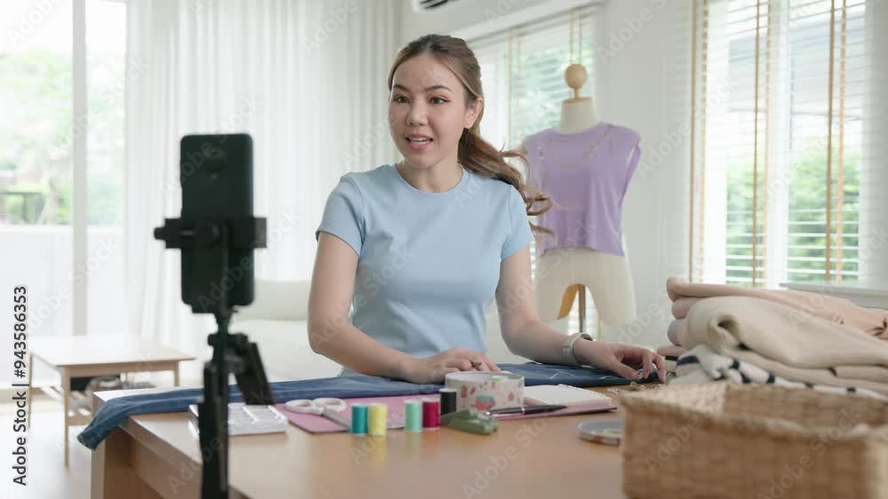 Asia people go green woman selfie live video vlog talk online teach make craft DIY eco second hand idea reuse old used fabric net zero waste fast fashion issue. Asian design hobby thrift retail store. Asia people go green woman selfie live video vlog talk online teach make craft DIY eco second hand idea reuse old used fabric net zero waste fast fashion issue. Asian design hobby thrift retail store.