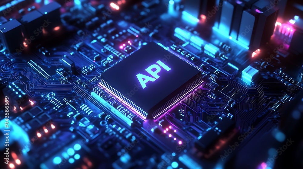 High-Tech Close-Up of a Circuit Board with API Highlighted in Neon Glow High-Tech Close-Up of a Circuit Board with API Highlighted in Neon Glow