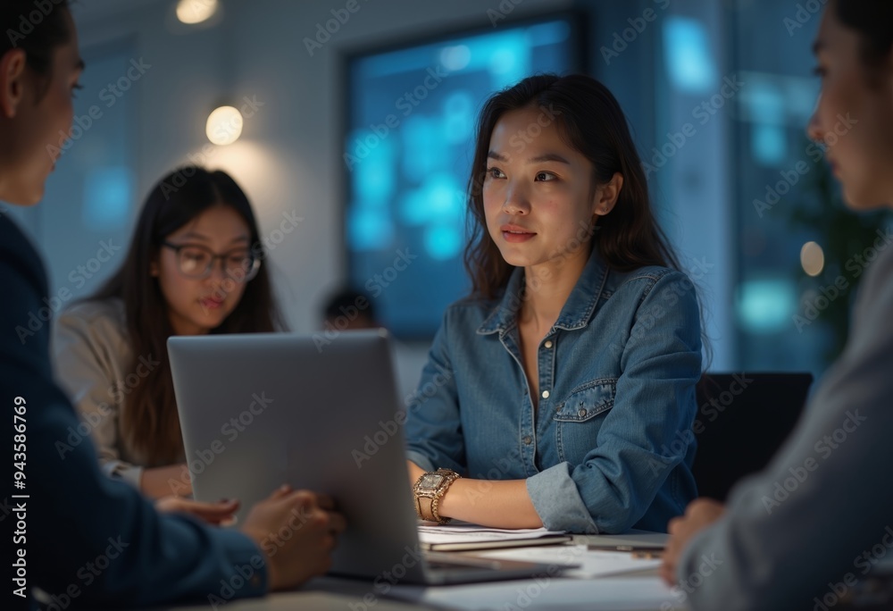 Engaged asian team of business professionals or managers discussion in modern office during evening hours
